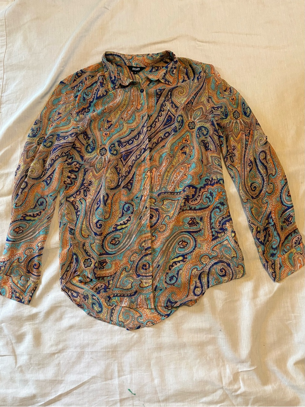 Paisley Button-Front Blouse in Teal and Orange - Unbranded